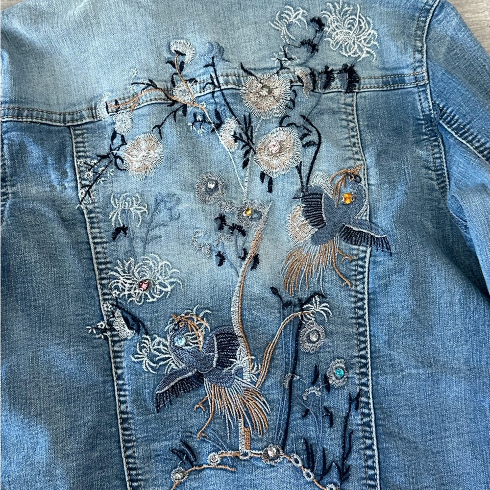 Embroidered denim jacket with floral and bird details and gems by Onado - Picture 6 of 9